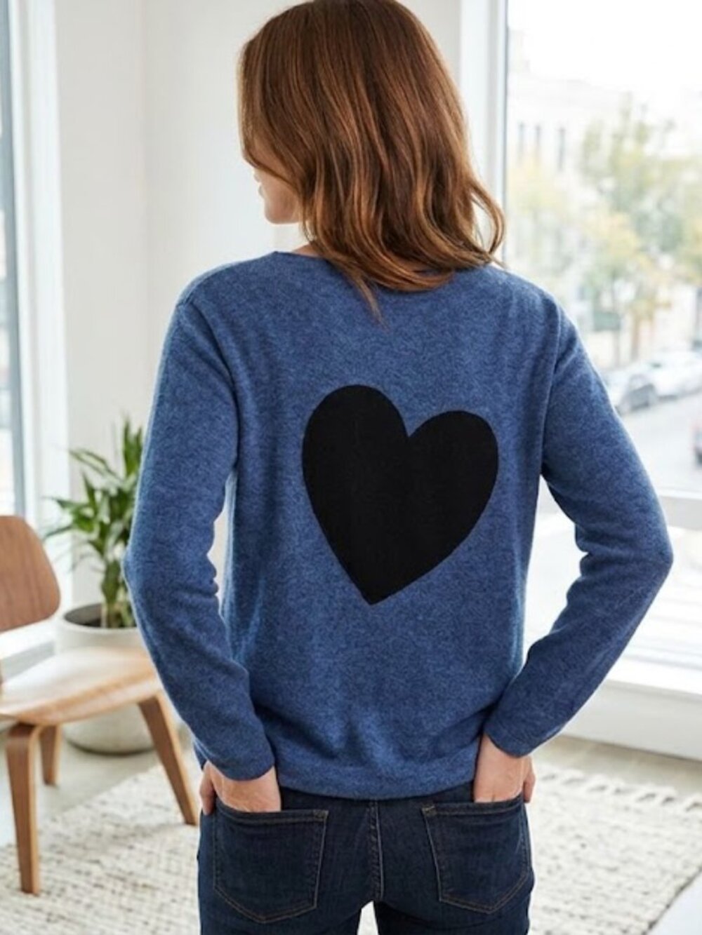 The Cashmere Project Blue 100% Cashmere Long Sleeve Top with Heart Back | Size S